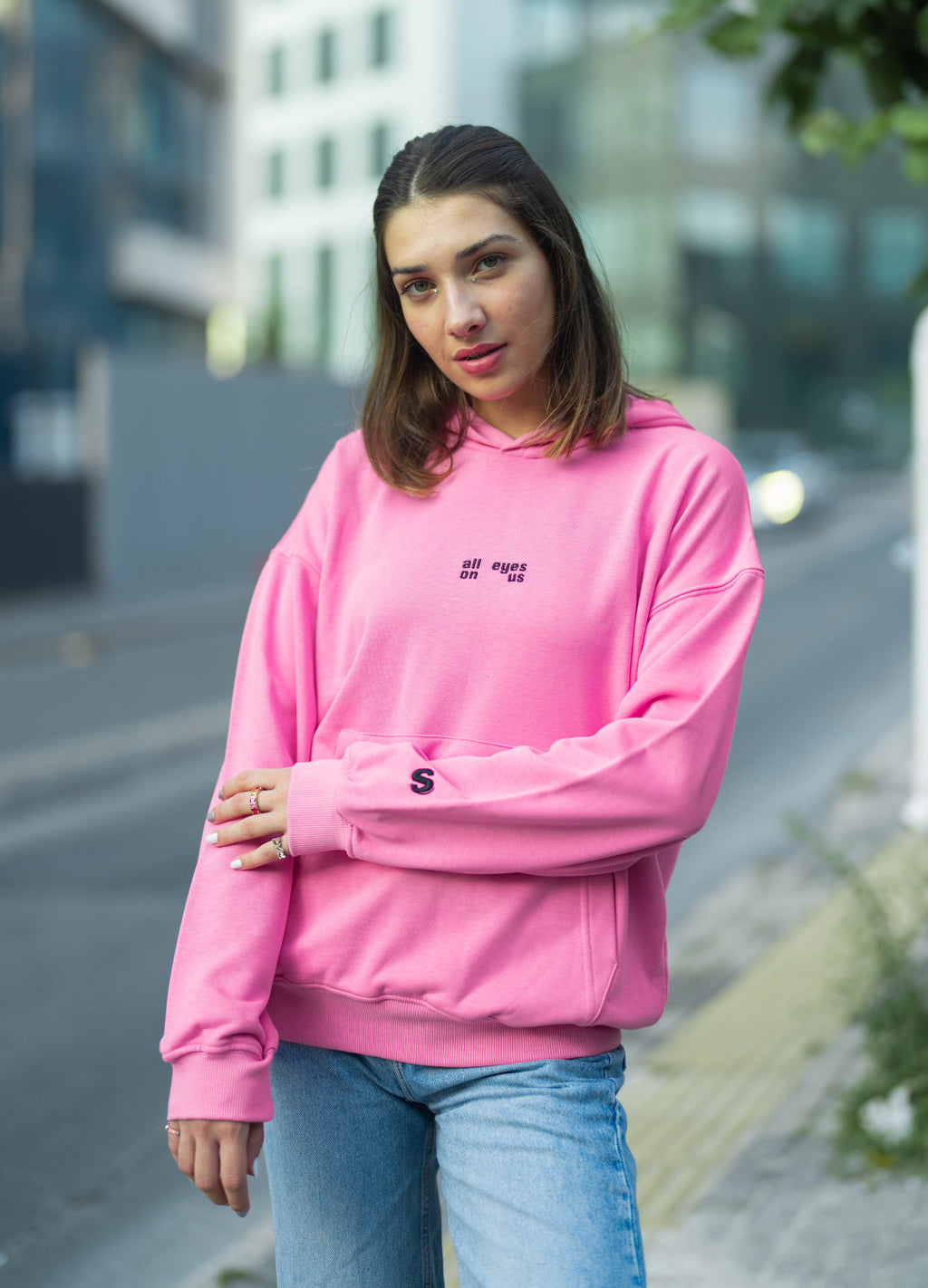 Unisex Pink Lines Embroidered Hoodie