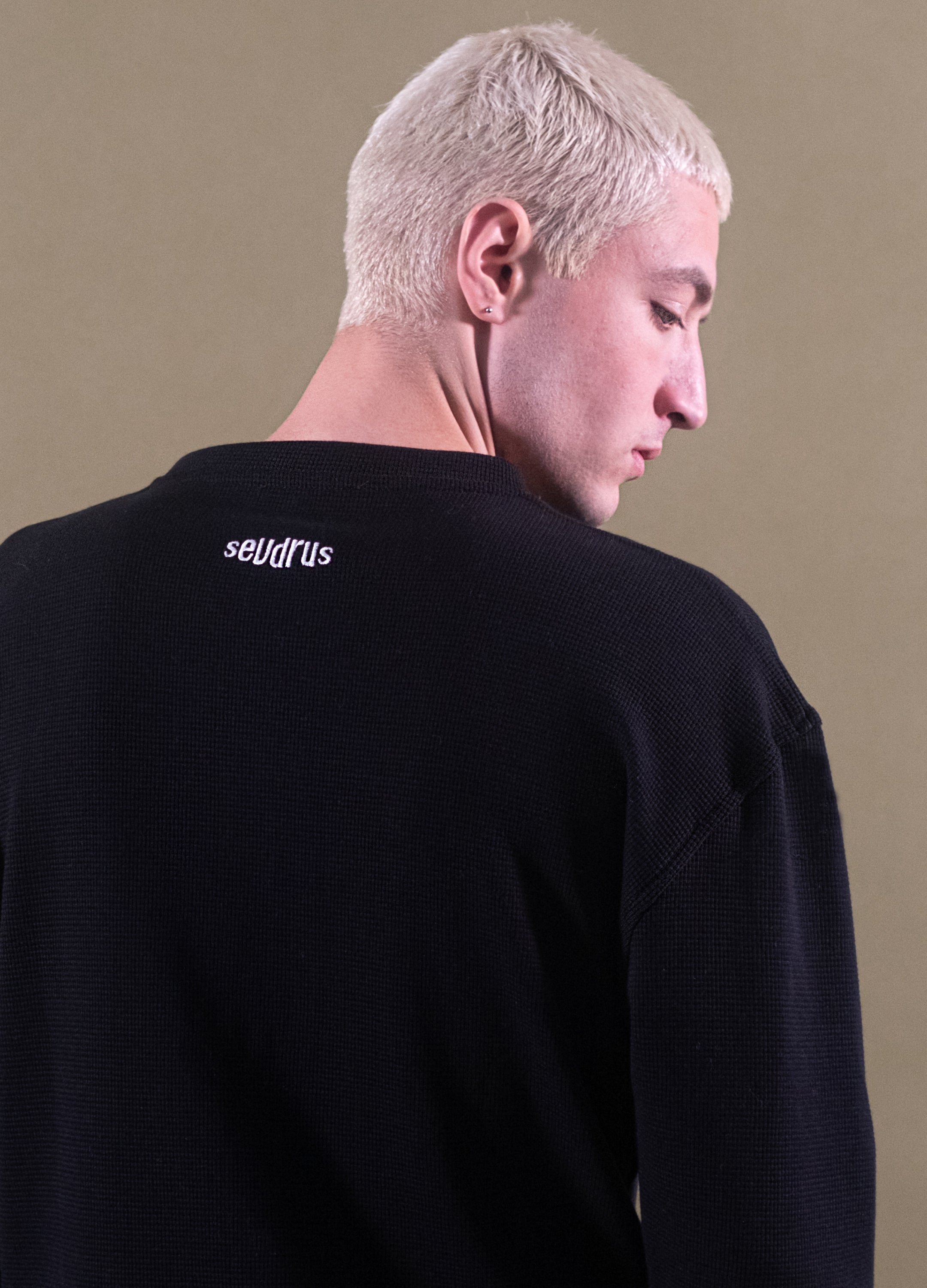 Unisex Black Waffle Long Sleeve Tee