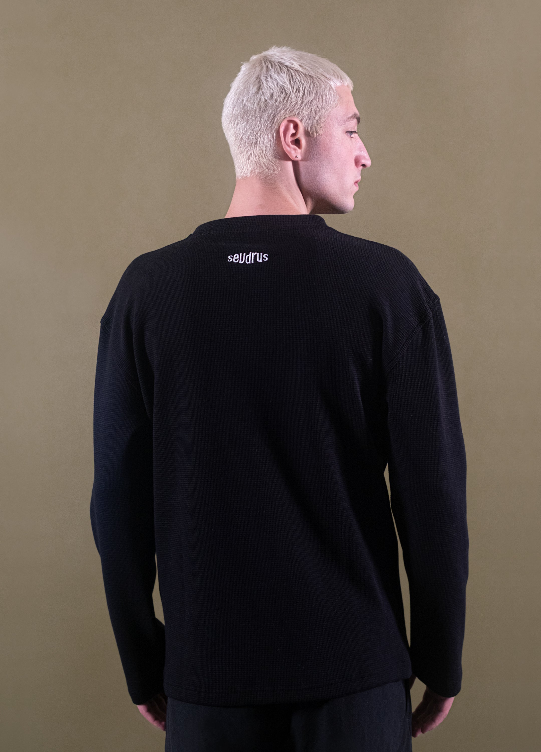 Unisex Black Waffle Long Sleeve Tee