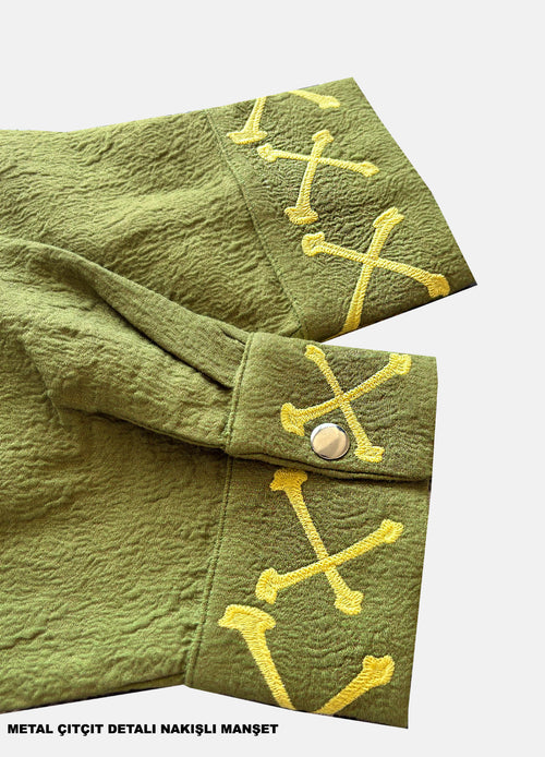 Nomadic Green X Nakışlı Oversize V Yaka Gömlek