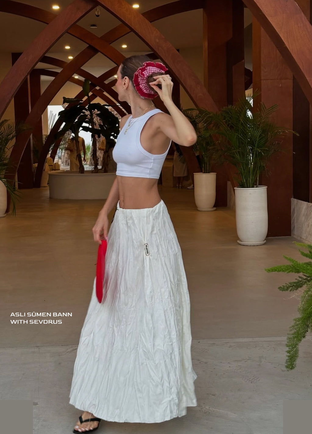 Ticket Bel Detaylı İnci Beyazı Kırışık Maxi Etek