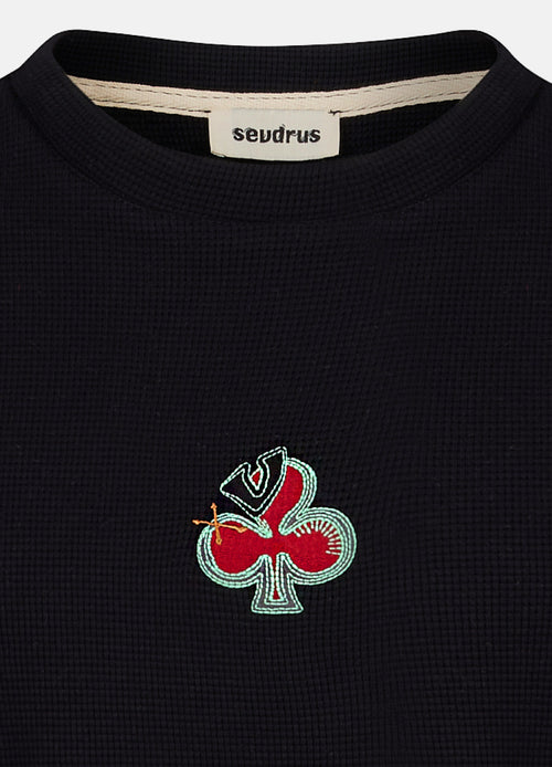 Black Fly Card Nakışlı %100 Pamuk Waffle Dokulu Long Sleeve Tee
