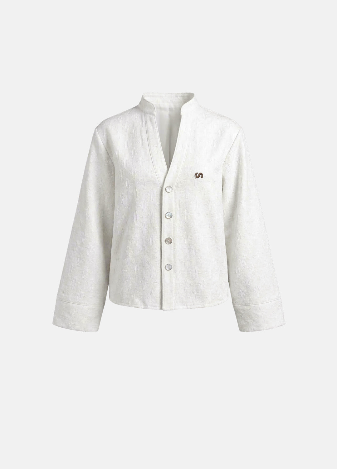 Effortless Beyaz Düğmeli V Yaka Bluz Logo Nakışlı