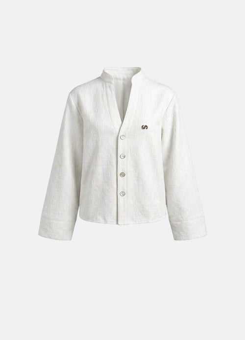 Effortless Beyaz Düğmeli V Yaka Bluz Logo Nakışlı