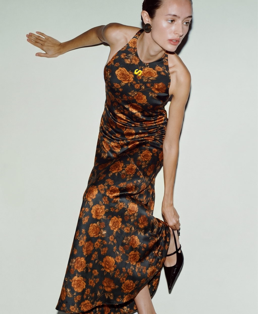 Sunset Floral Sırt Dekolteli Pamuk Saten Maxi Elbise