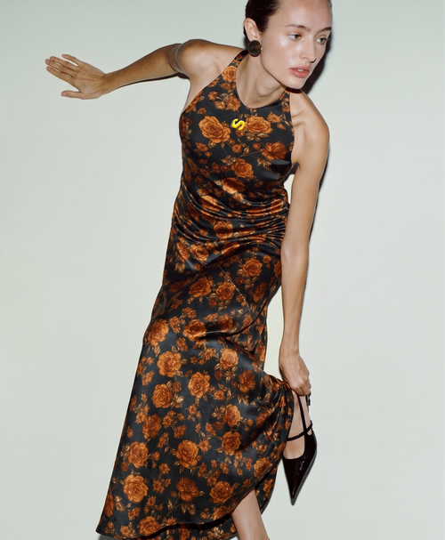 Sunset Floral Sırt Dekolteli Pamuk Saten Maxi Elbise