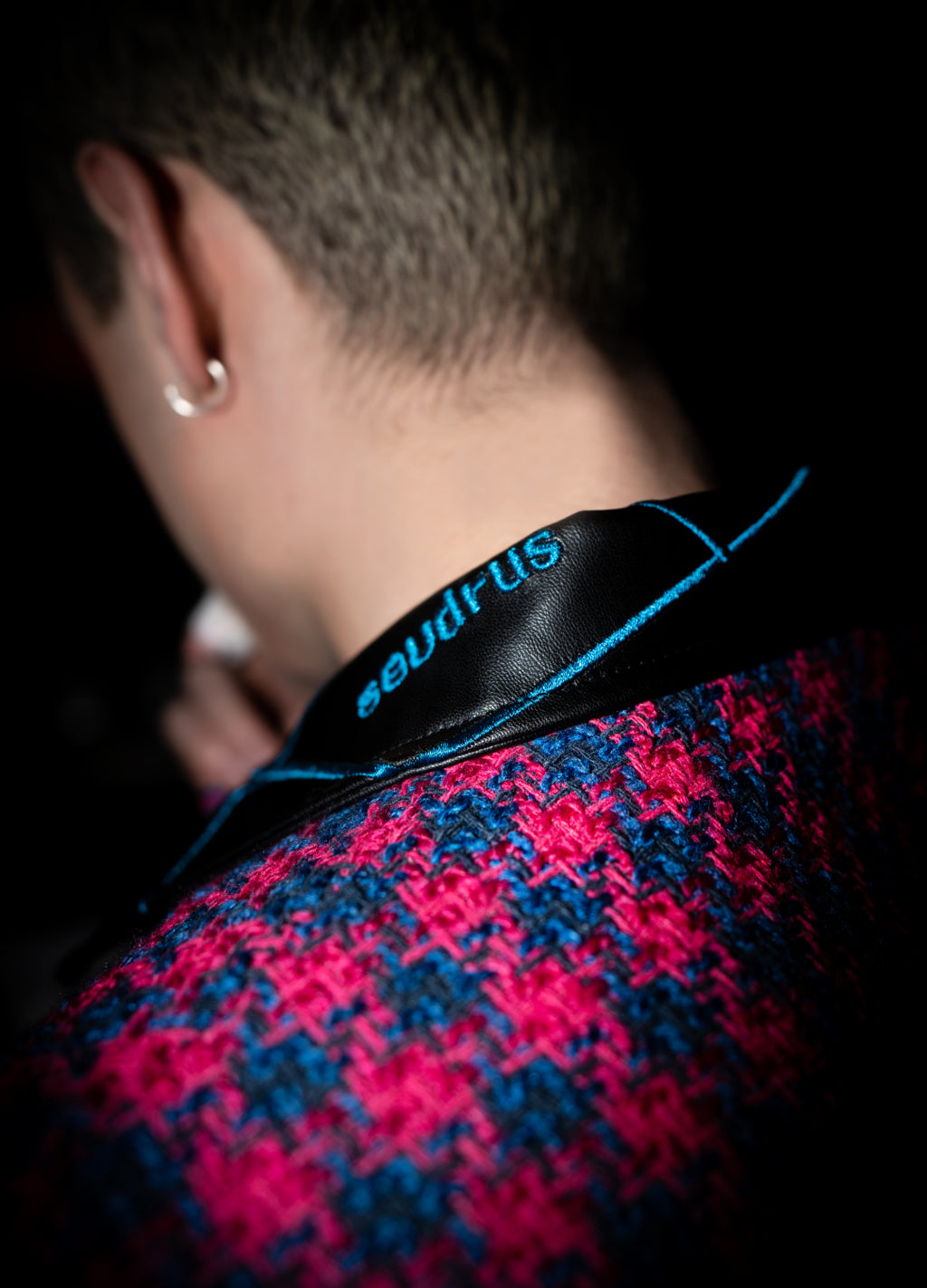 Unisex Pink Jacket Embroidered With Blue Lines