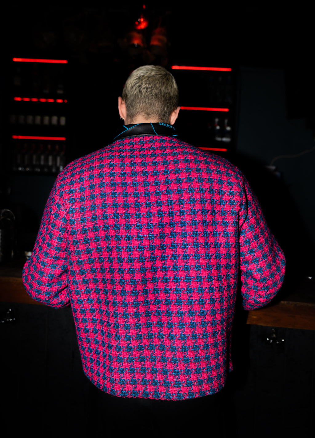 Unisex Pink Jacket Embroidered With Blue Lines