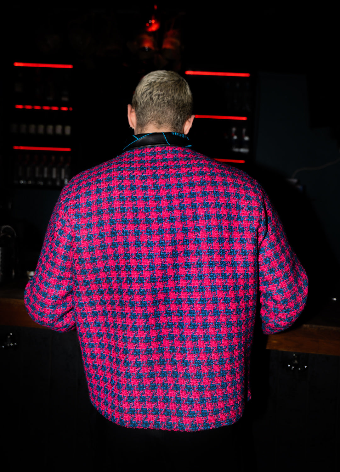 Unisex Pink Jacket Embroidered With Blue Lines