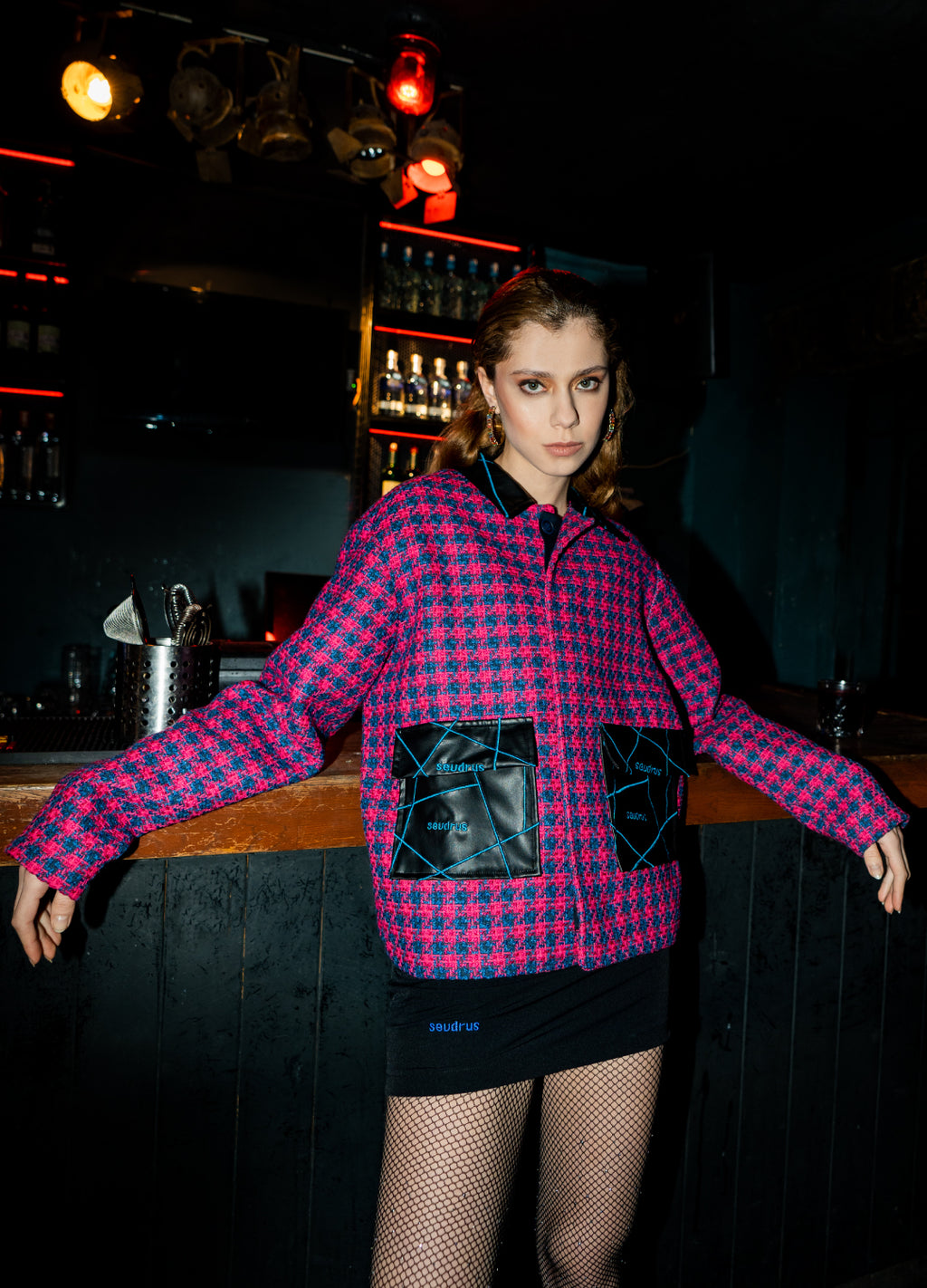 Unisex Pink Jacket Embroidered With Blue Lines