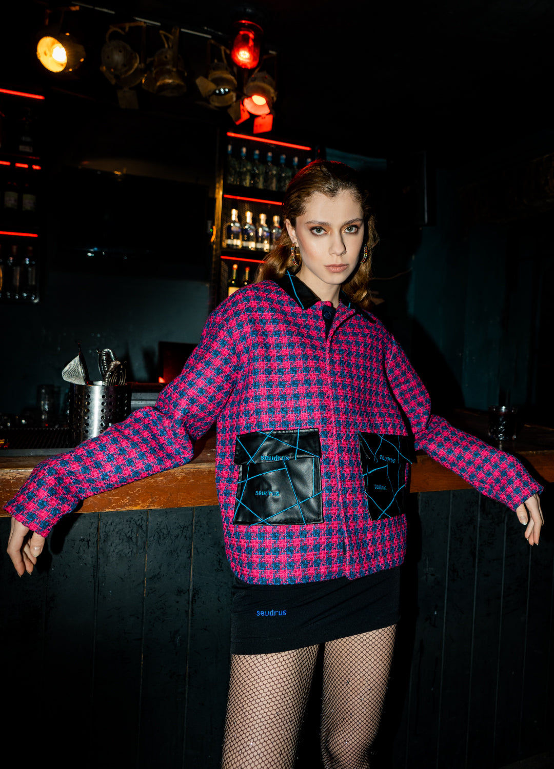 Unisex Pink Jacket Embroidered With Blue Lines