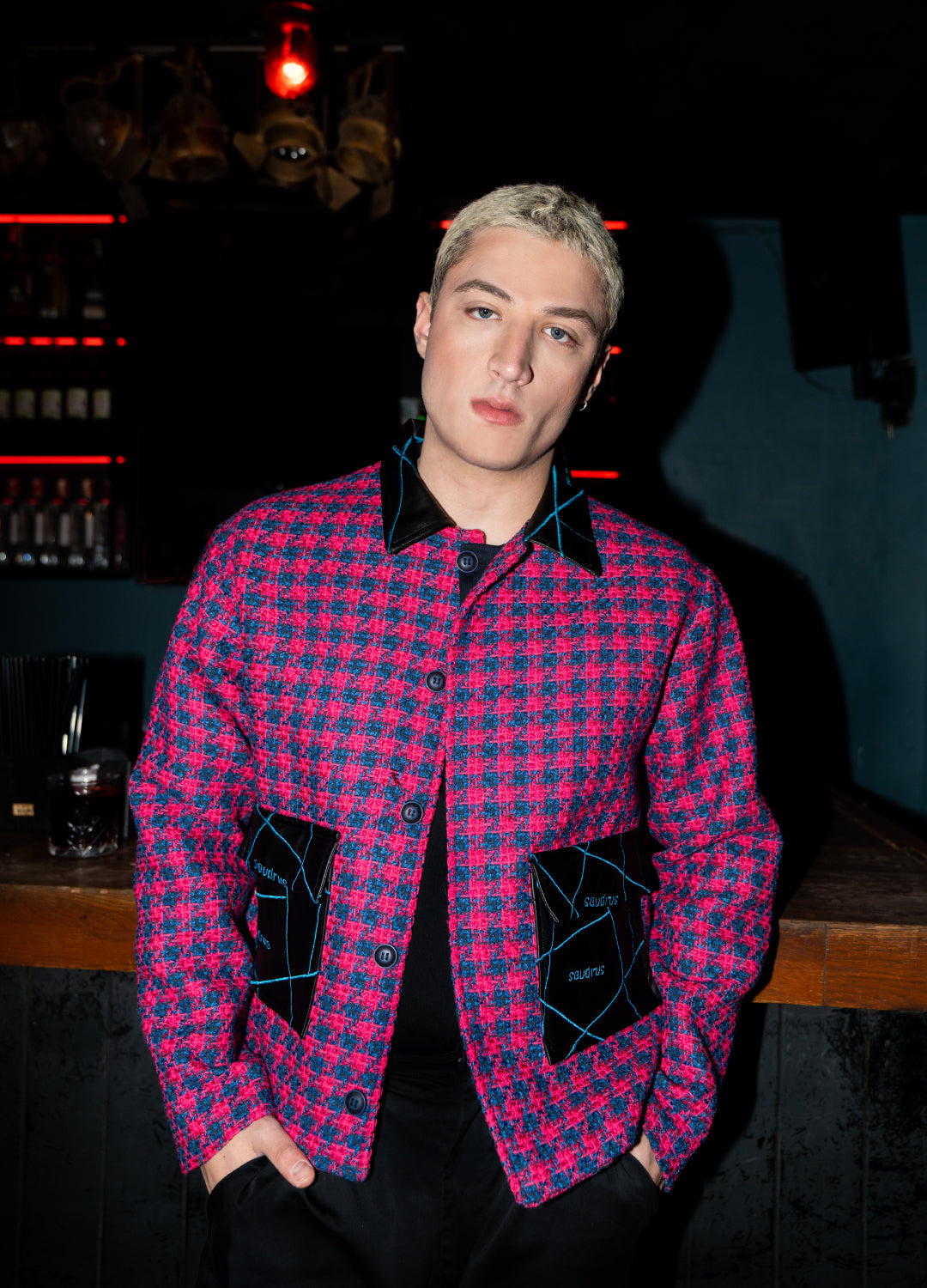 Unisex Pink Jacket Embroidered With Blue Lines