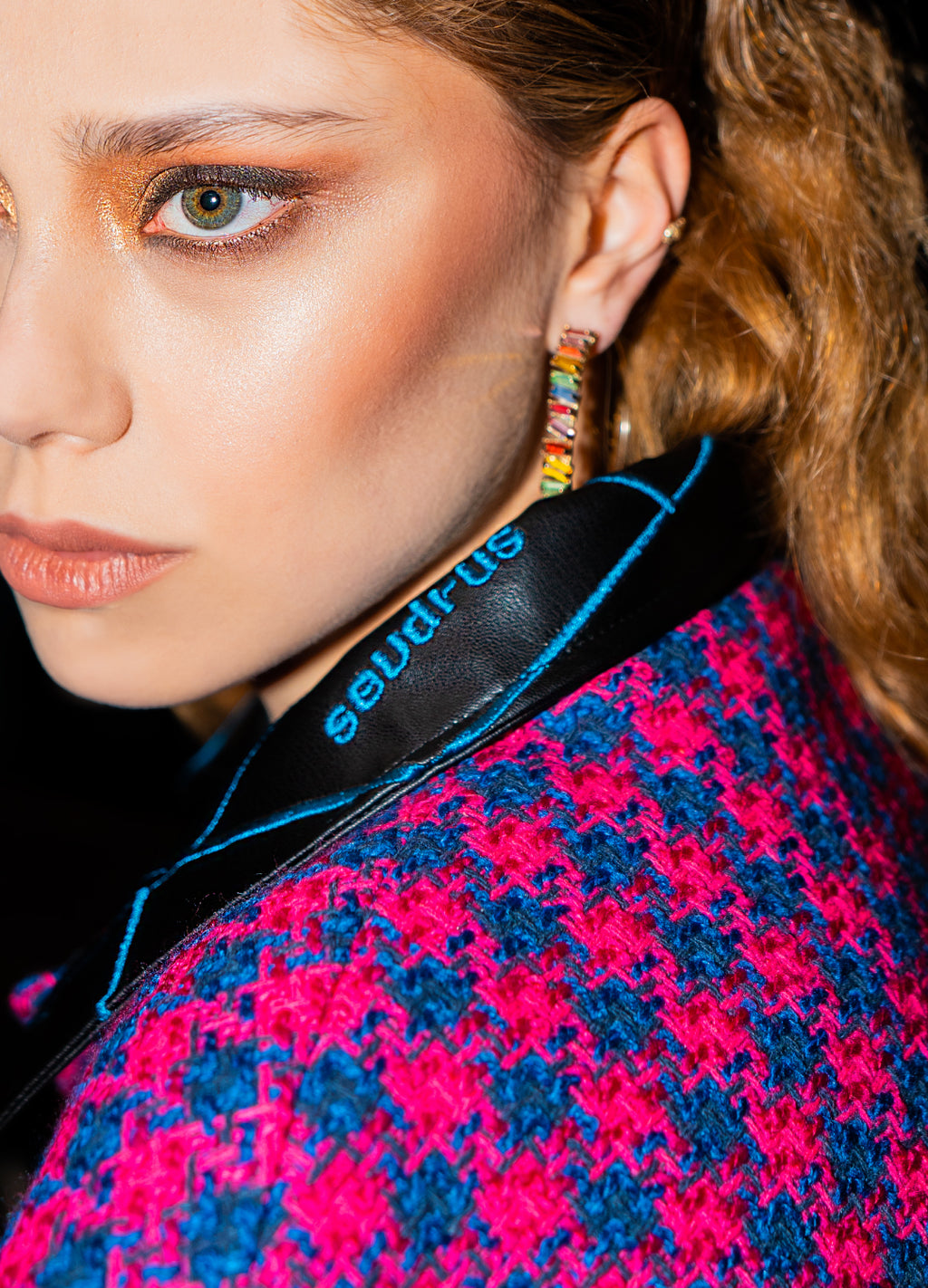 Unisex Pink Jacket Embroidered With Blue Lines