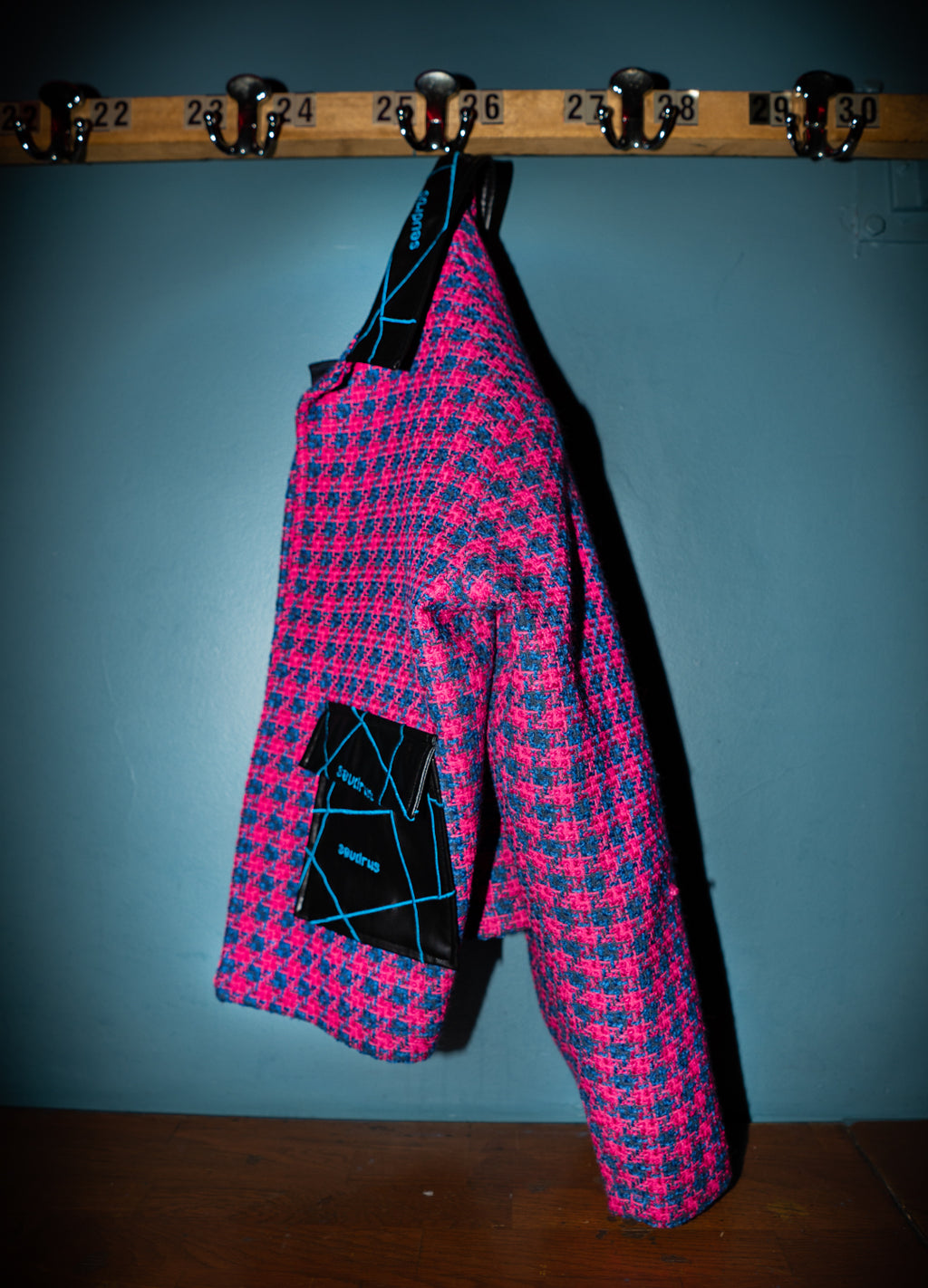 Unisex Pink Jacket Embroidered With Blue Lines