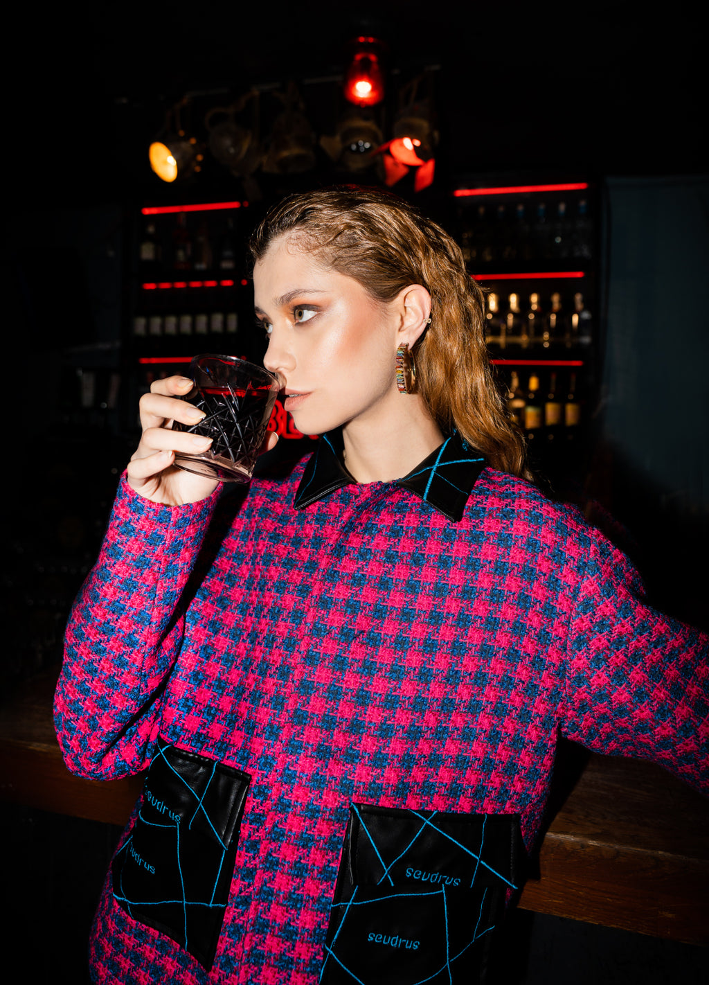 Unisex Pink Jacket Embroidered With Blue Lines