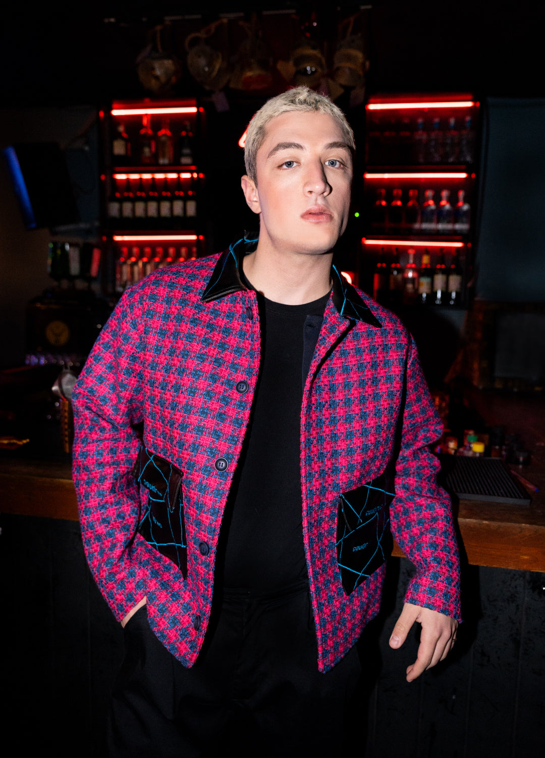 Unisex Pink Jacket Embroidered With Blue Lines