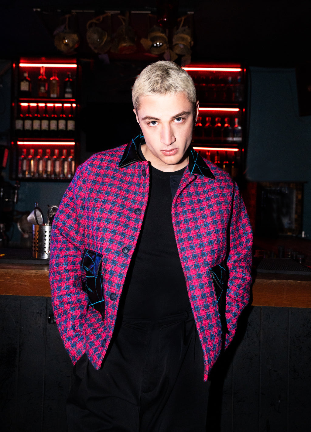 Unisex Pink Jacket Embroidered With Blue Lines