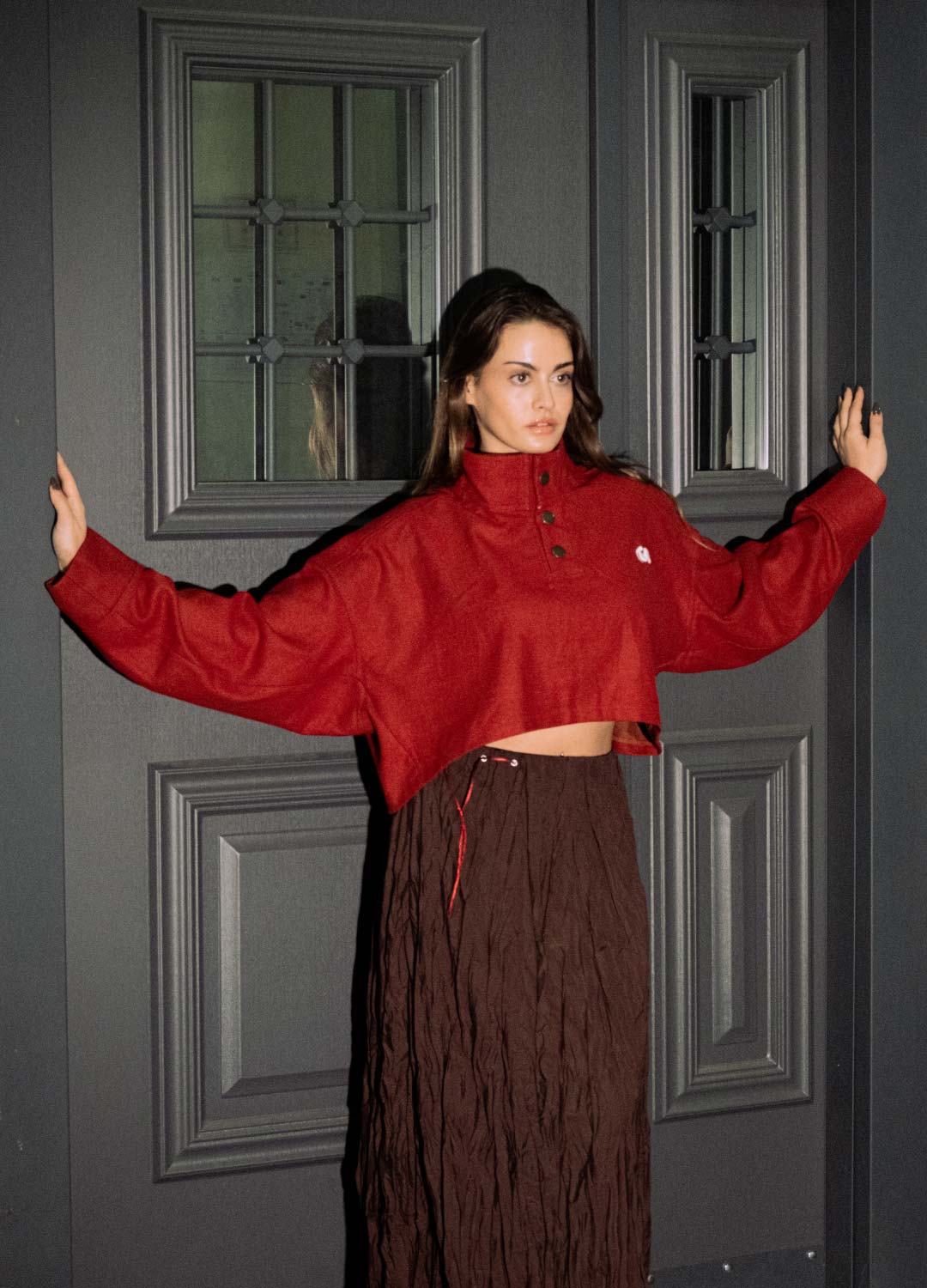 Wildcard Red Dik Yaka Yün Crop Sweatshirt