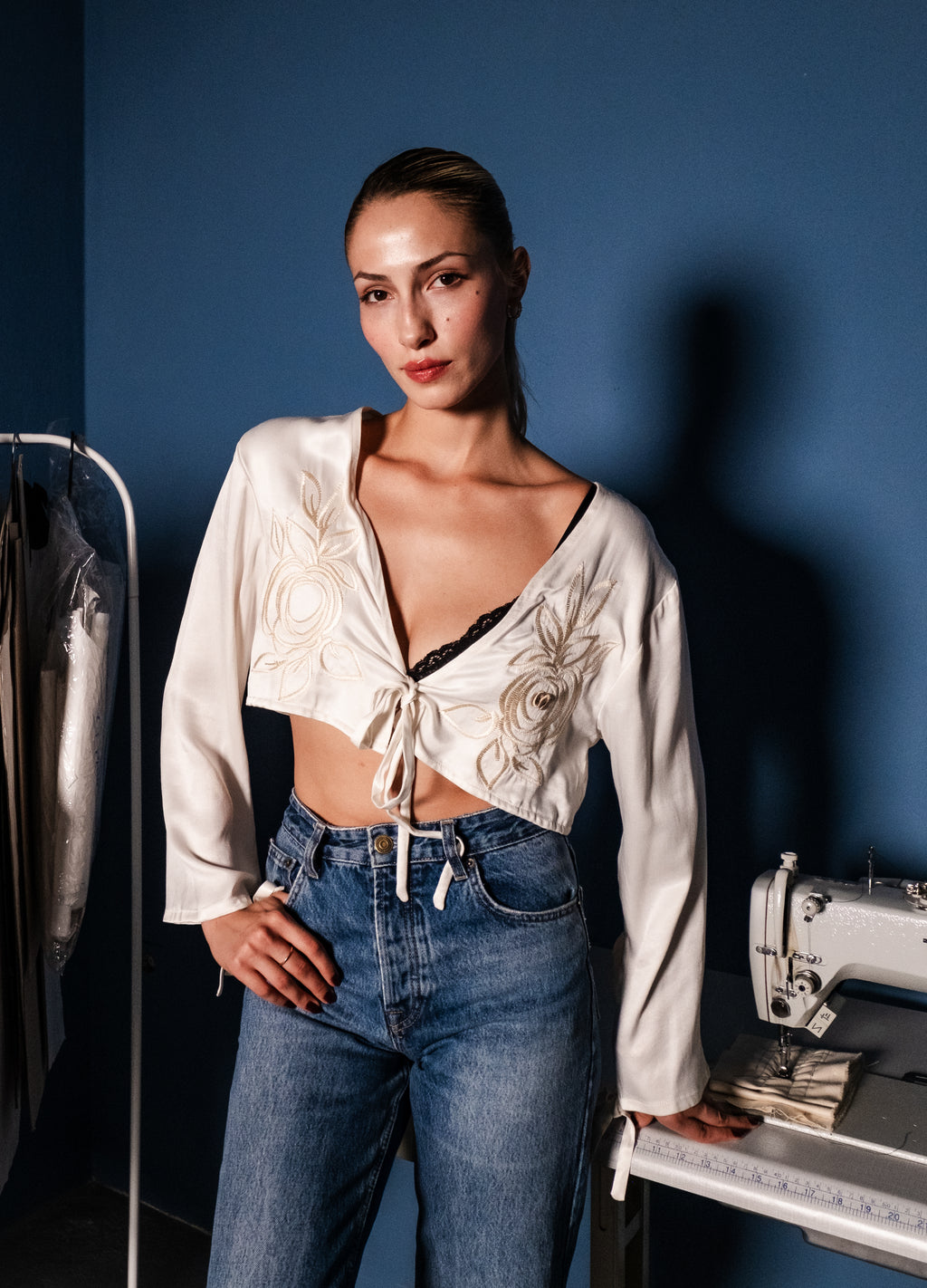 Embroidered Satin Cream Floral Cardigan