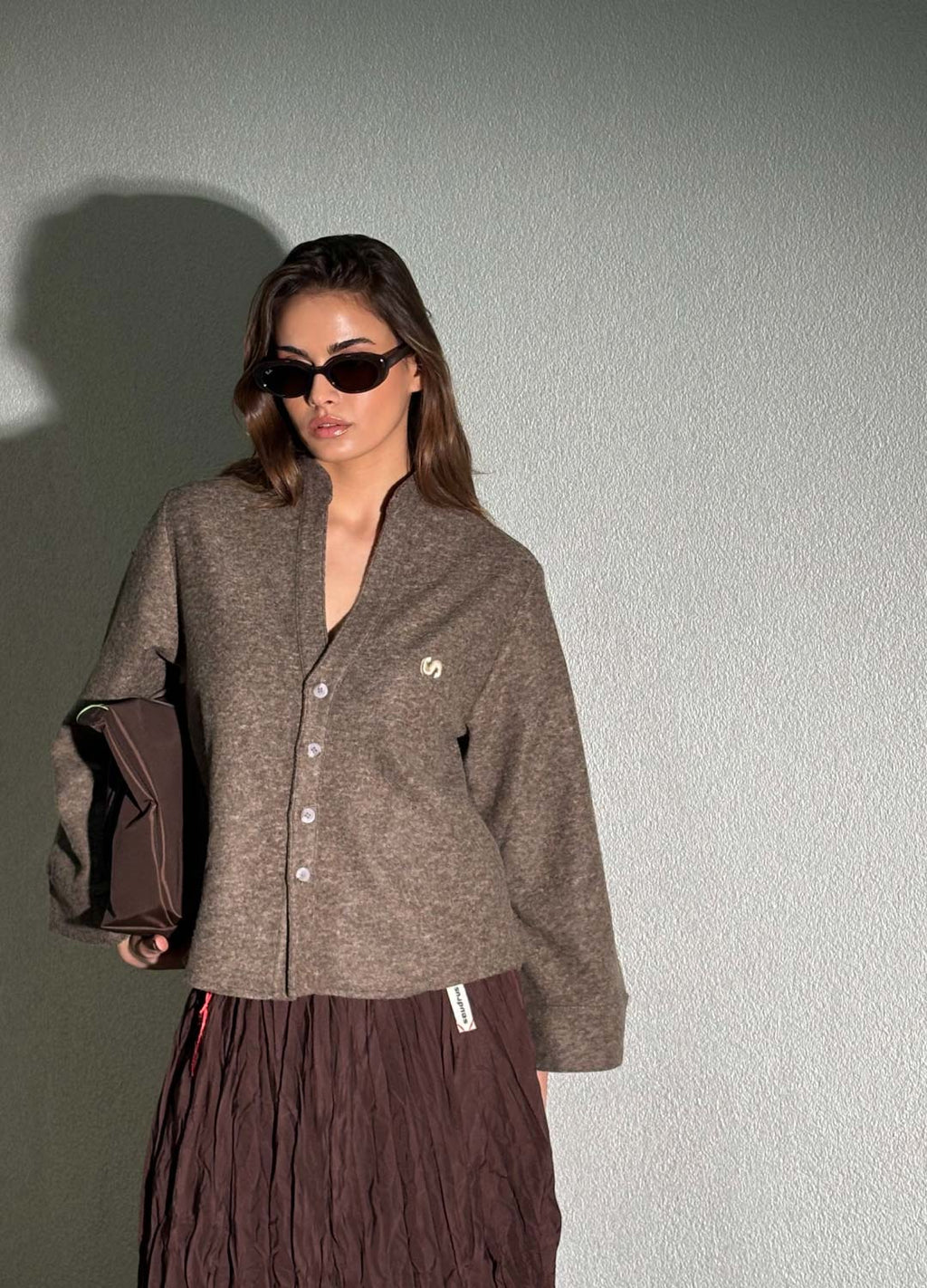 Effortless Logo Nakışlı %30 Yün Kahve Hırka