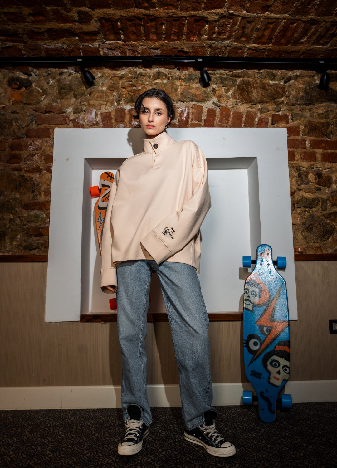 Unisex Cream High Collar Sweatshirt Scops x Sevdrus Collab