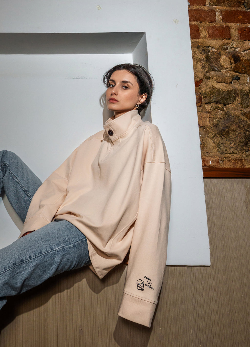 Unisex Cream High Collar Sweatshirt Scops x Sevdrus Collab