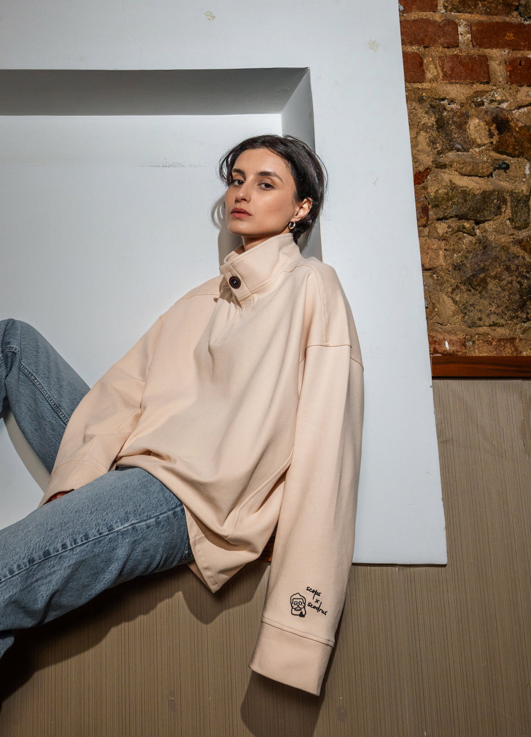 Unisex Cream High Collar Sweatshirt Scops x Sevdrus Collab