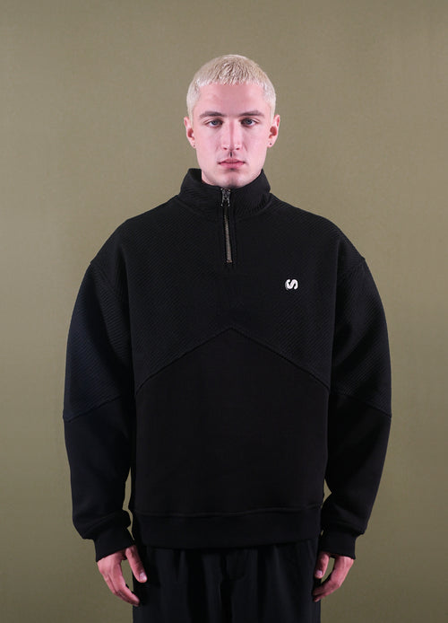 Unisex Prelude Half Zipped Siyah Dokulu Nakışlı Sweatshirt