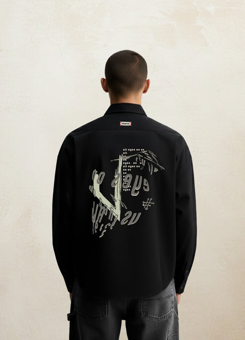 Black Note Unisex Arkası Desenli Siyah %100 Pamuk Gömlek