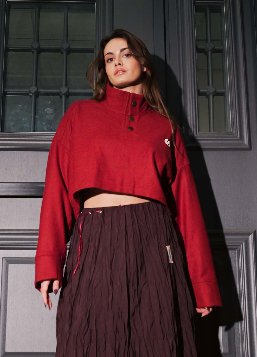 Wildcard Red Dik Yaka Yün Crop Sweatshirt