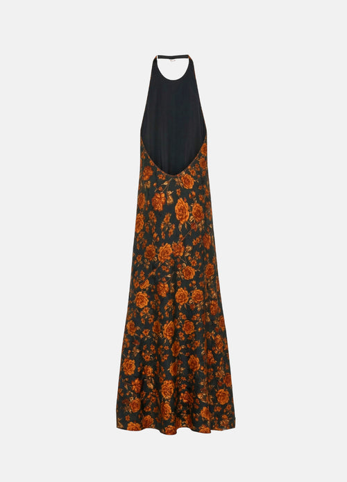 Sunset Floral Sırt Dekolteli Pamuk Saten Maxi Elbise